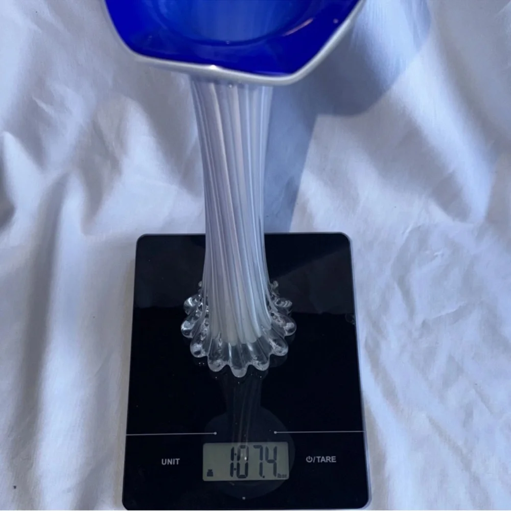 Vintage Cobalt Blue & White Cased Glass Ribbed Vase - 11" Tall - Picture 8 of 8